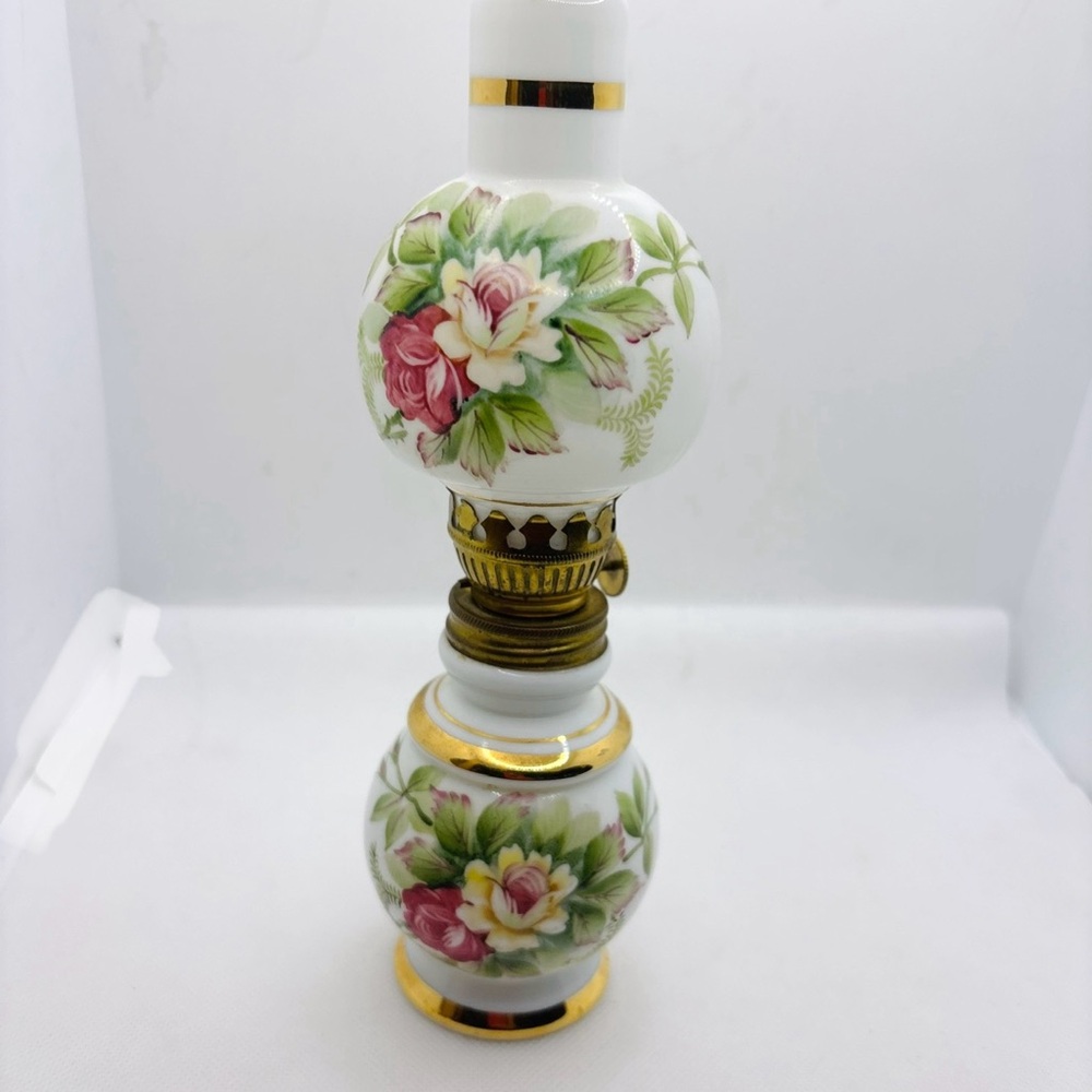 Vintage Lefton GWTW Hand Blown Milk Glass Floral Double Globe Oil Lamp-8.5"H